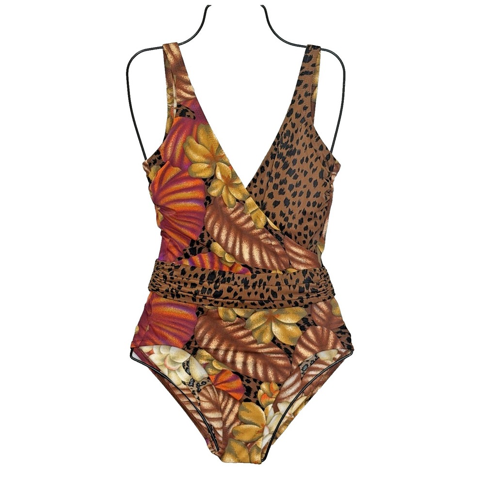 Vintage DeWeese‎ Wrap One Piece Swimsuit Womens Sz 10 32 Bra Floral Animal Print
